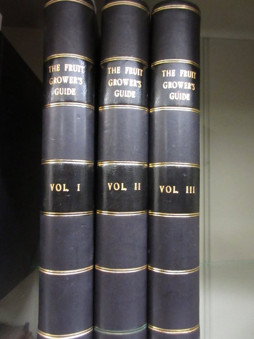 Three part leather bound volumes, ' The Fruit Growers: Three part leather bound volumes, ' The Fruit Growers Guide ' by John Wright F.R.H.S., printed in London by J.S. Virtue & Co.