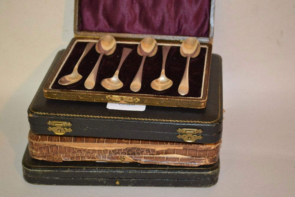 Cased set of six silver coffee spoons and three cased: Cased set of six silver coffee spoons and three cased sets of six silver handled dessert knives