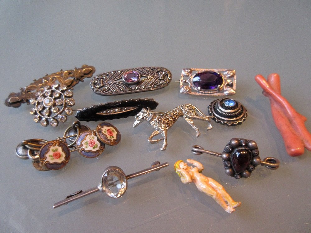 Two silver amethyst set bar brooches, six enamel (1 of 1)