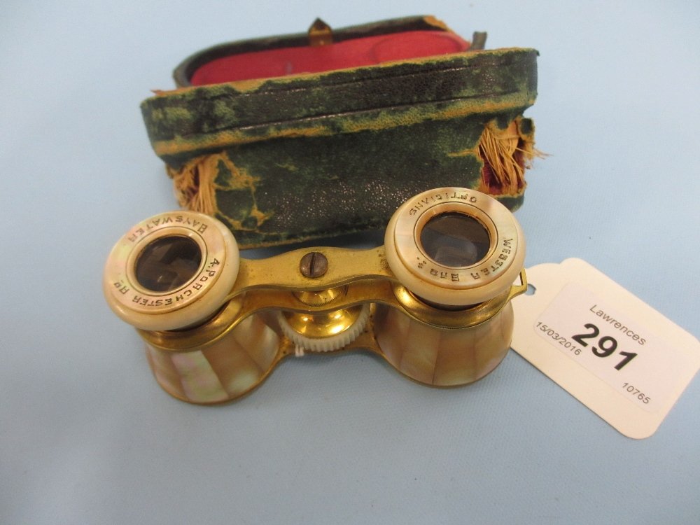 Cased pair of mother of pearl opera glasses: Cased pair of mother of pearl opera glasses