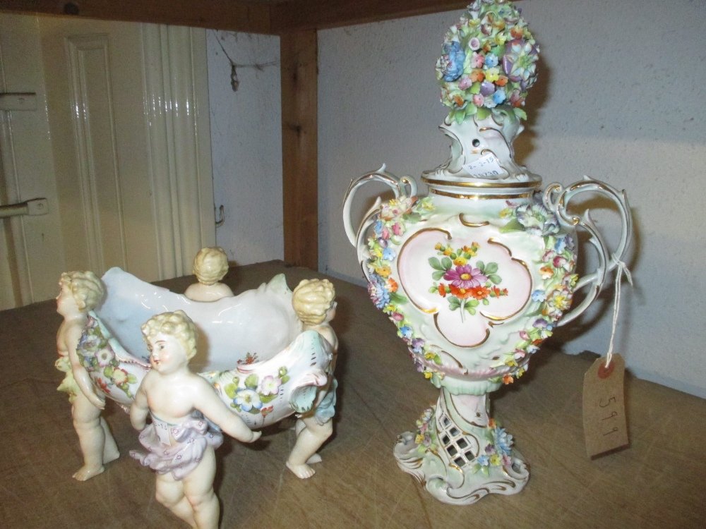 Continental porcelain floral encrusted two handled (1 of 1)