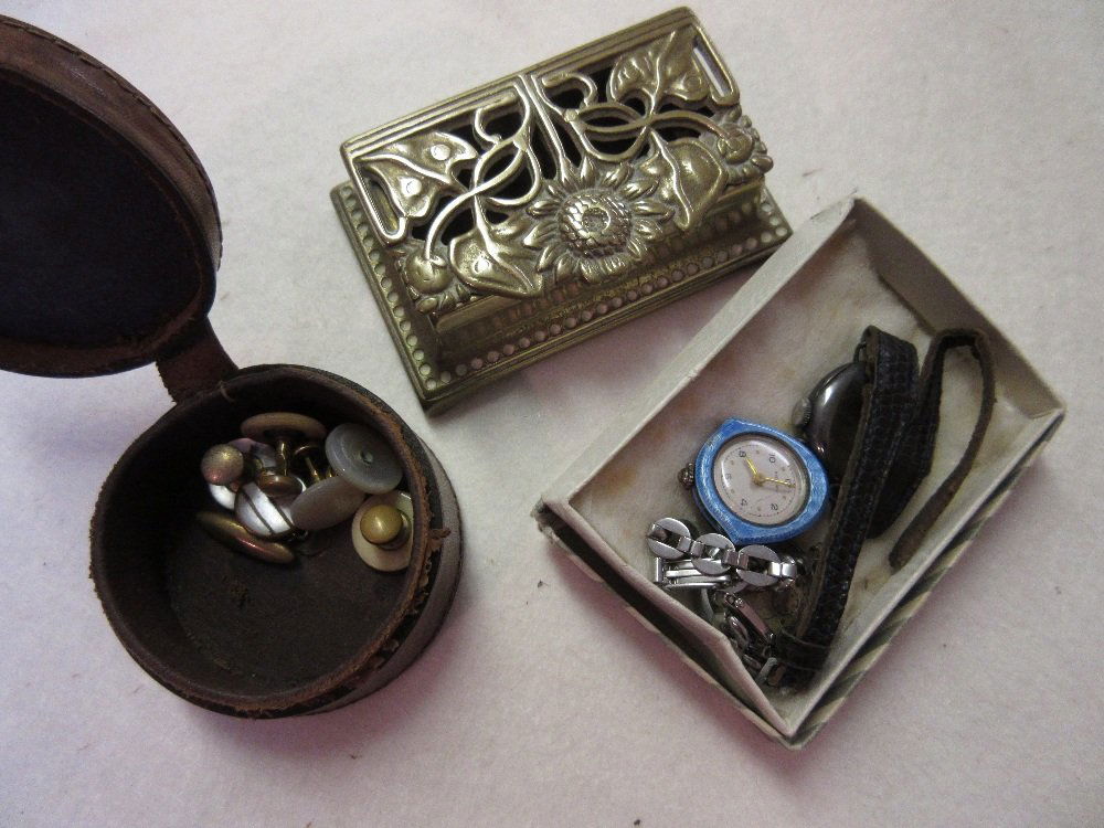 Ladies enamel decorated fob watch by Bucherer, together: Ladies enamel decorated fob watch by Bucherer, together with two other ladies wristwatches, quantity of studs and a stamp box