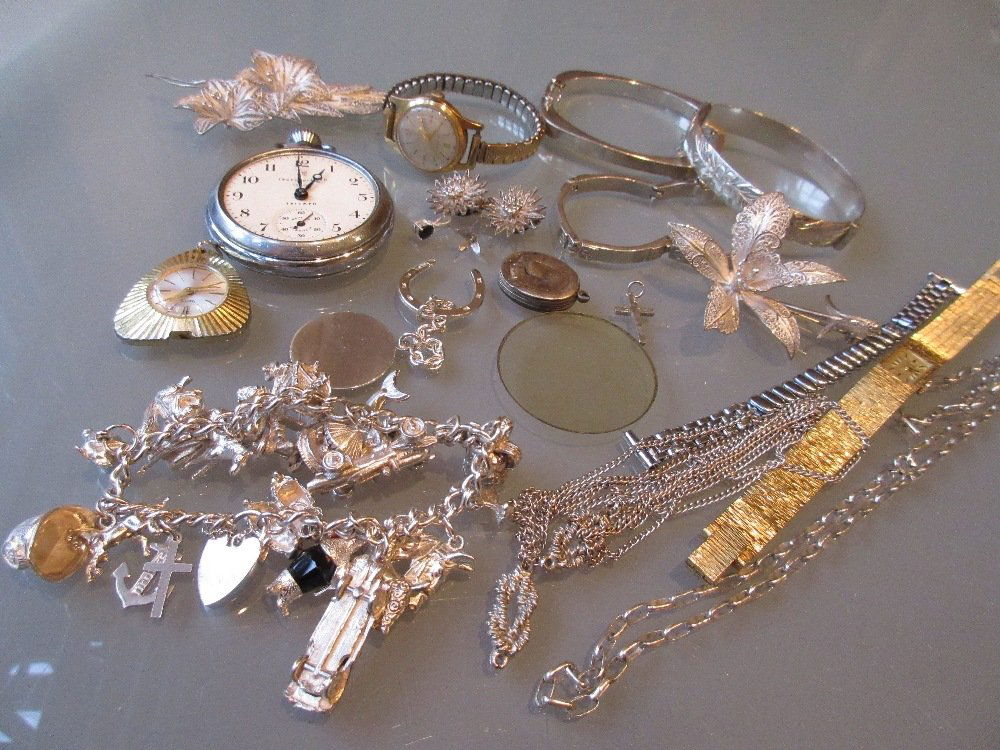 Silver charm bracelet, two bangles and other (1 of 1)