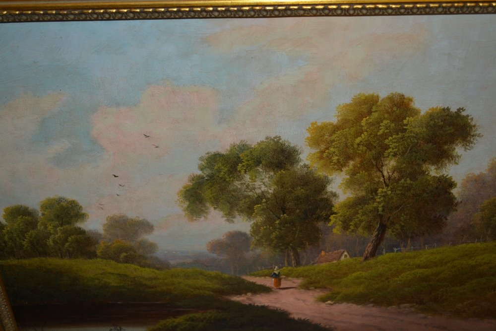 Etty Horton, pair of oil paintings on canvas, wooded: Etty Horton, pair of oil paintings on canvas, wooded landscapes with figures on a track, signed, 14.5ins x 19.5ins, gilt framed