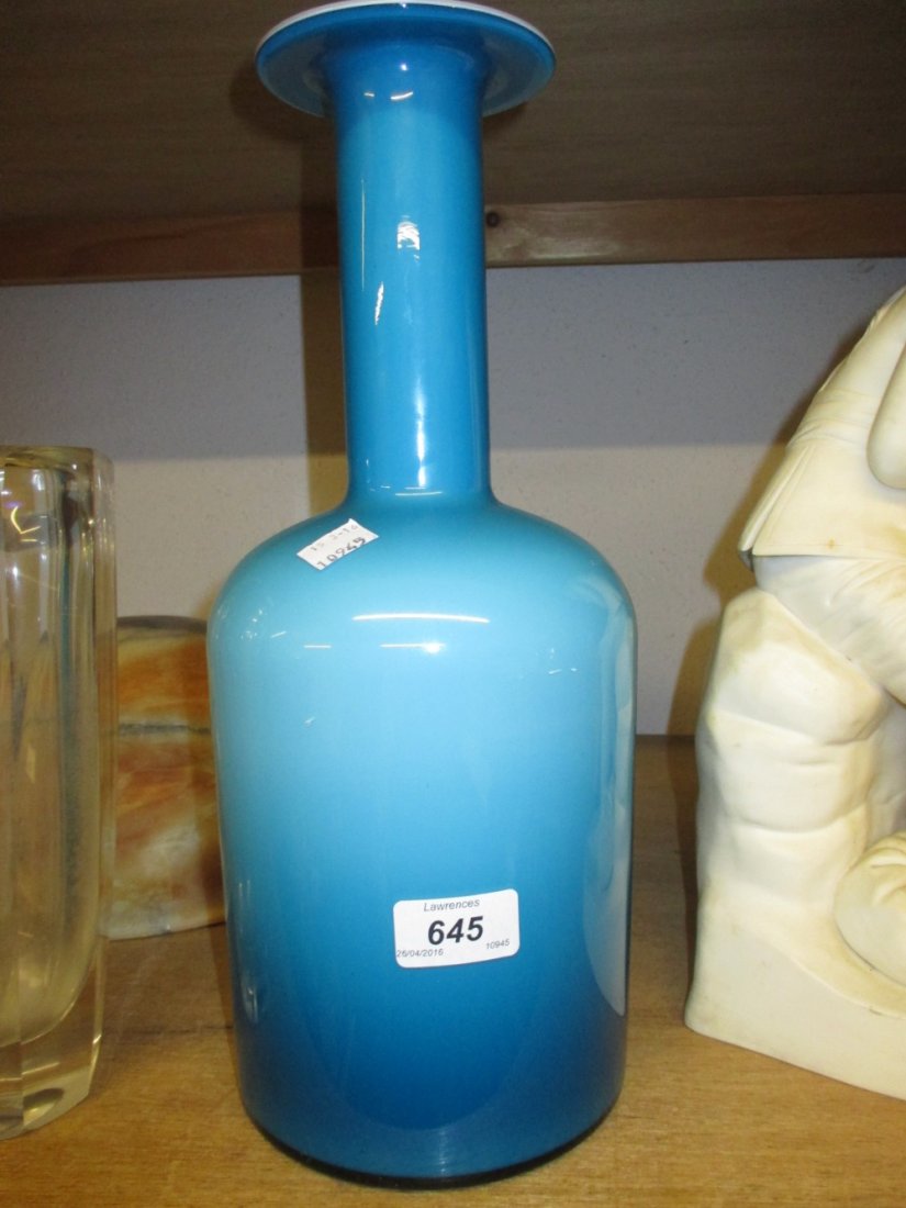 Holmegaard pale blue and white bottle vase designed by: Holmegaard pale blue and white bottle vase designed by Otto Brauer, 14.25ins high