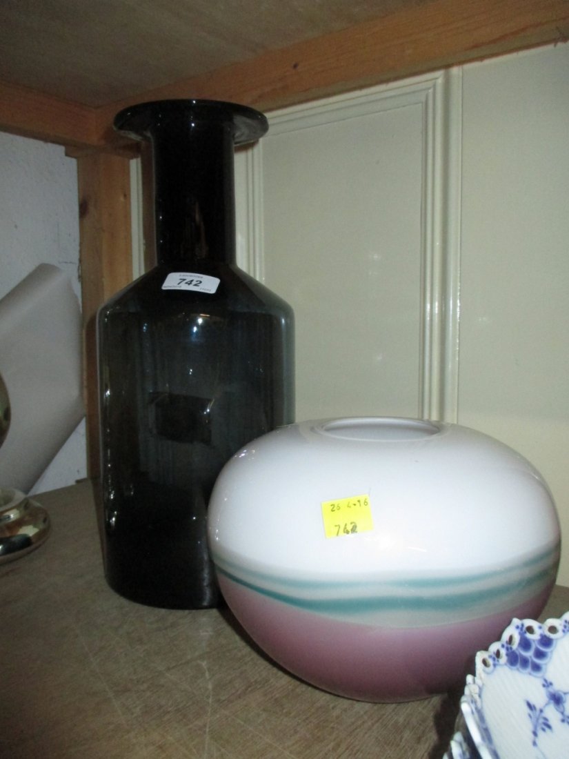 Pair of Mercury glass candlesticks, Holmegaard style: Pair of Mercury glass candlesticks, Holmegaard style bottle vase and a Caithness Art glass vase