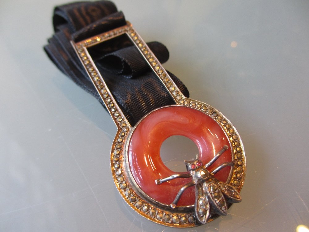 1920's marcasite and pink agate mounted key drop: 1920's marcasite and pink agate mounted key drop pendant on silk tie