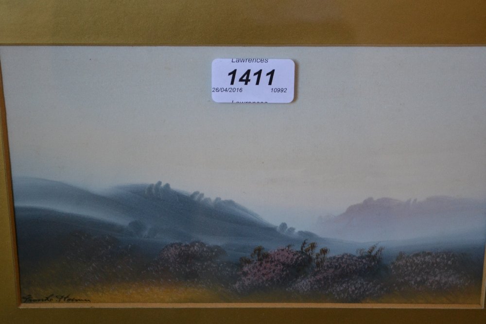 Frank Holmes, gouache, moorland scene, gilt framed,: Frank Holmes, gouache, moorland scene, gilt framed, 5ins x 8ins together with an oil on panel, landscape with cottage, signed Scott Davidson