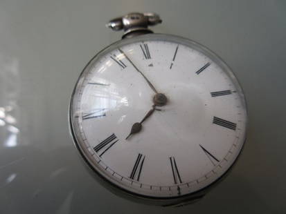 18th Century London silver pair case pocket watch with: 18th Century London silver pair case pocket watch with fusee movement inscribed Thomas Yeo, Holsworthy, No. 5073 (with only inner case), having an enamel dial with Roman numerals (slight hairline crac