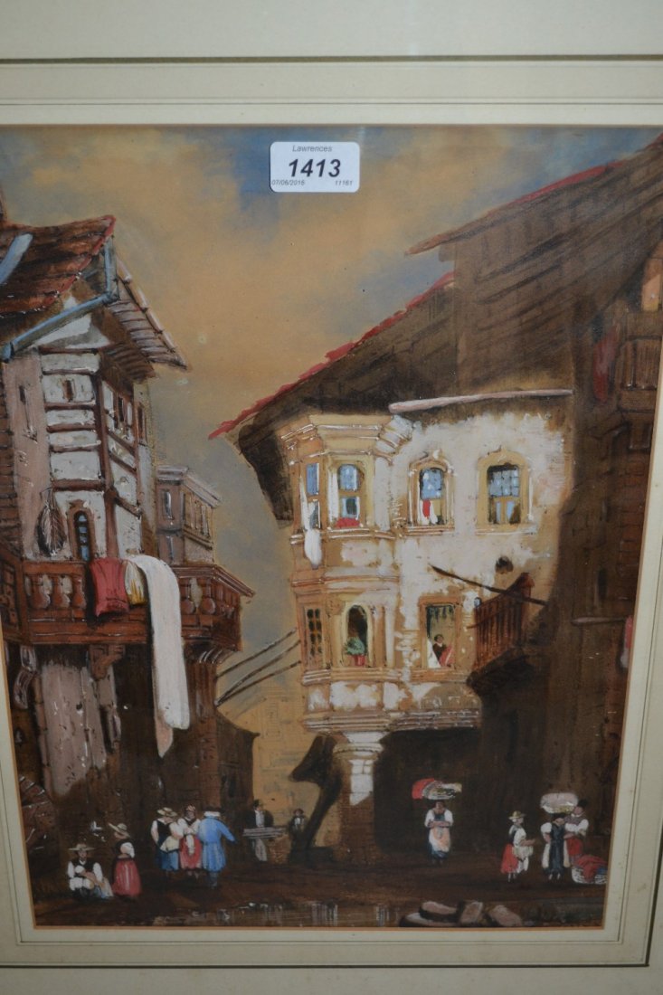 Follower of Samuel Prout, 19th Century watercolour with: Follower of Samuel Prout, 19th Century watercolour with gouache of a continental market place with figures, 17ins x 12ins, together with an early 20th Century mixed media castle gate keeper in medieva