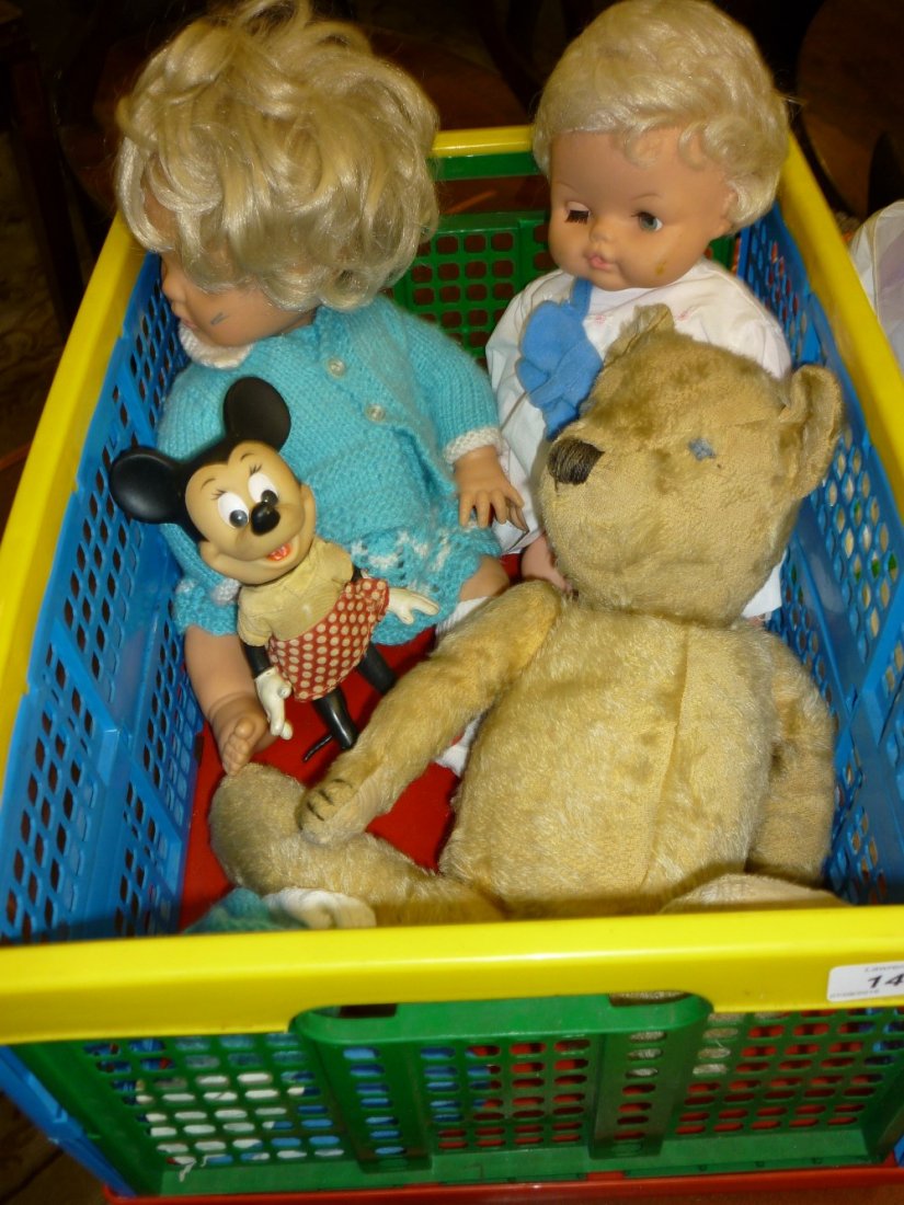 20th Century articulated plush teddy bear, two: 20th Century articulated plush teddy bear, two children's injection moulded dolls, Walt Disney figure of Minney Mouse by Dakin Company