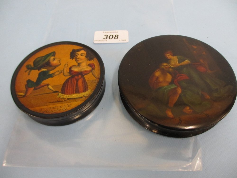 19th Century circular papier mache snuff box painted (1 of 1)