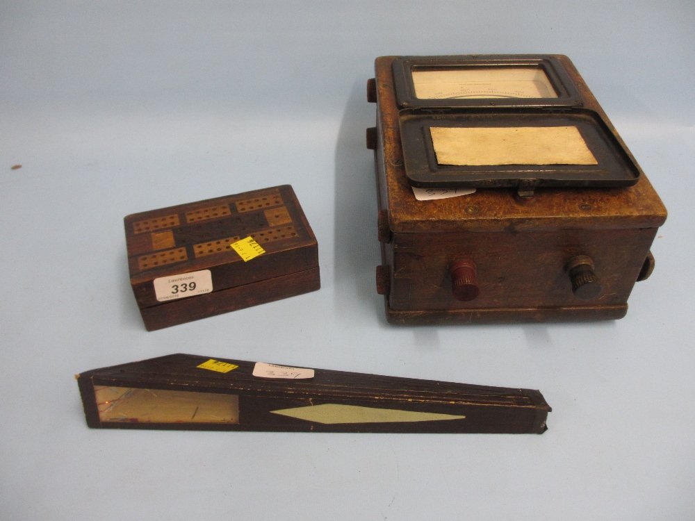 Parquetry inlaid cribb board, a kaleidoscope and a: Parquetry inlaid cribb board, a kaleidoscope and a mahogany cased microamperes meter
