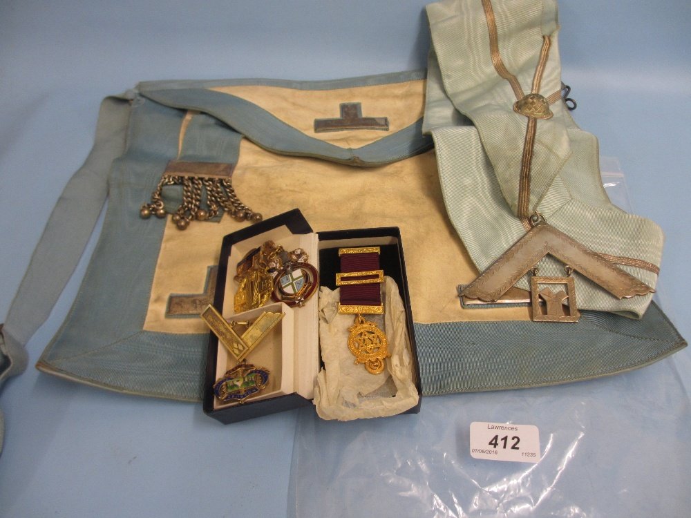 Quantity of Masonic regalia together with various: Quantity of Masonic regalia together with various medals and badges, some silver