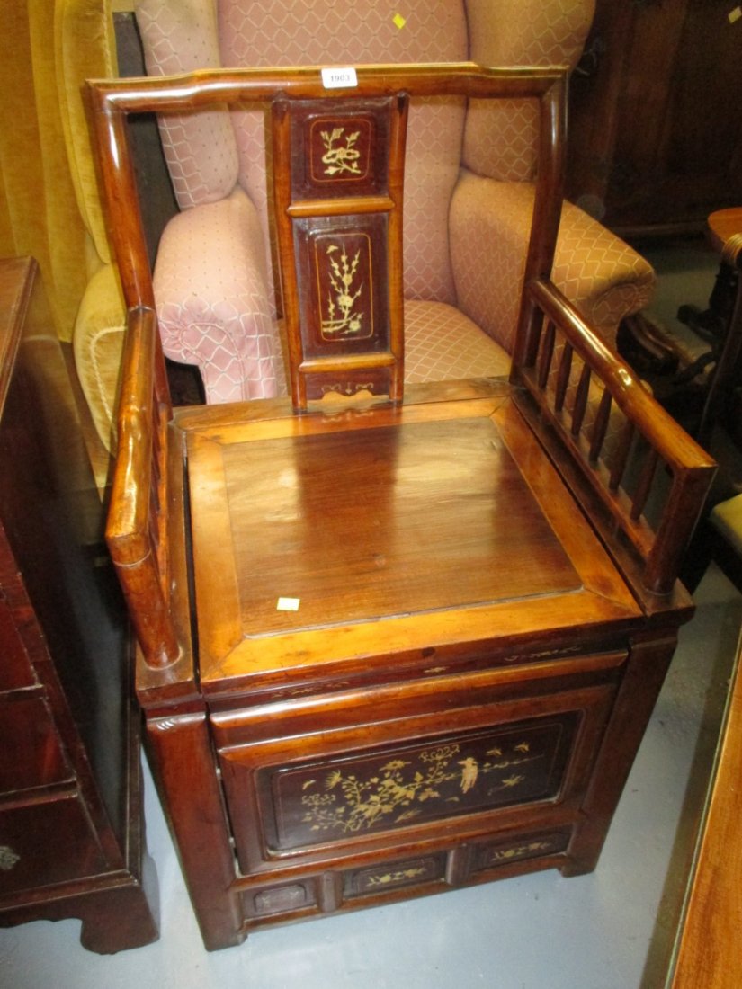 Late 19th / early 20th Century Chinese box seat: Late 19th / early 20th Century Chinese box seat armchair having floral inlaid panels to the back and base