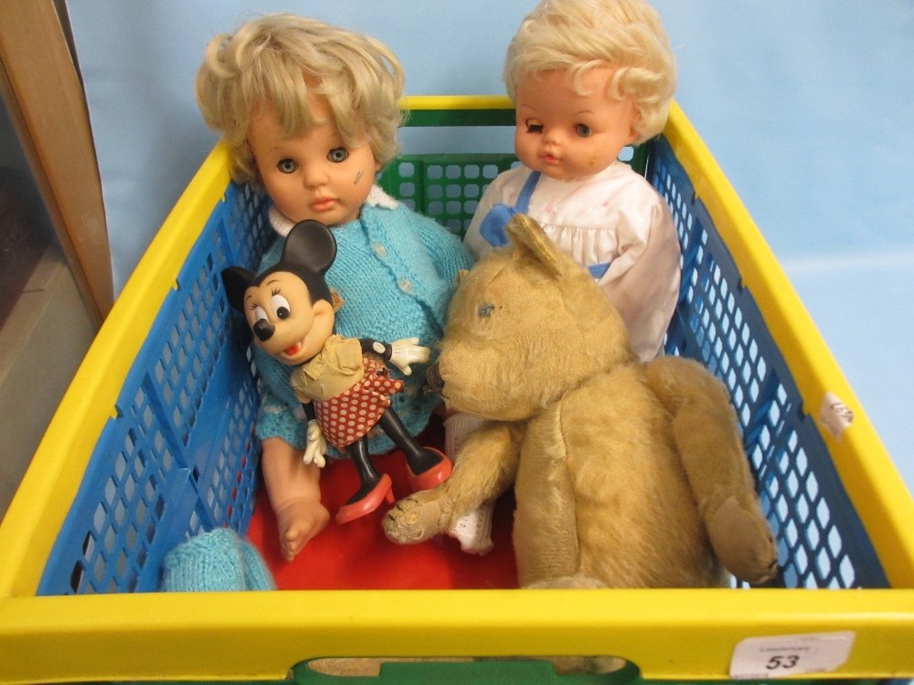 20th Century articulated plush teddy bear, two: 20th Century articulated plush teddy bear, two children's injection moulded dolls, Walt Disney figure of Minney Mouse by Dakin Company