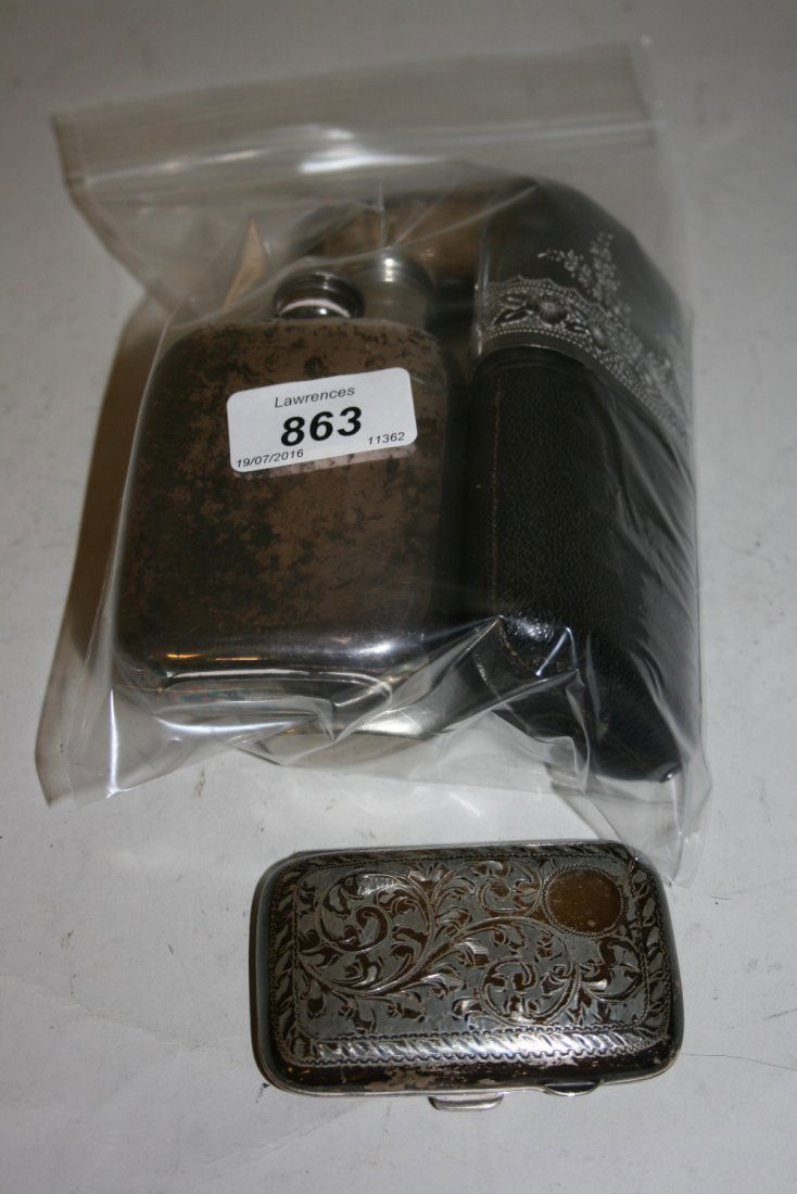Small silver cigarette case, three plated hip flasks (1 of 1)