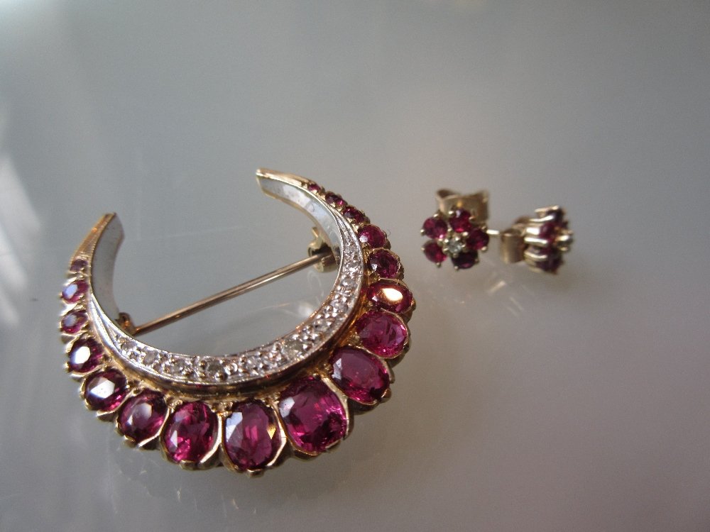 9ct Gold ruby and diamond crescent brooch together with (1 of 1)