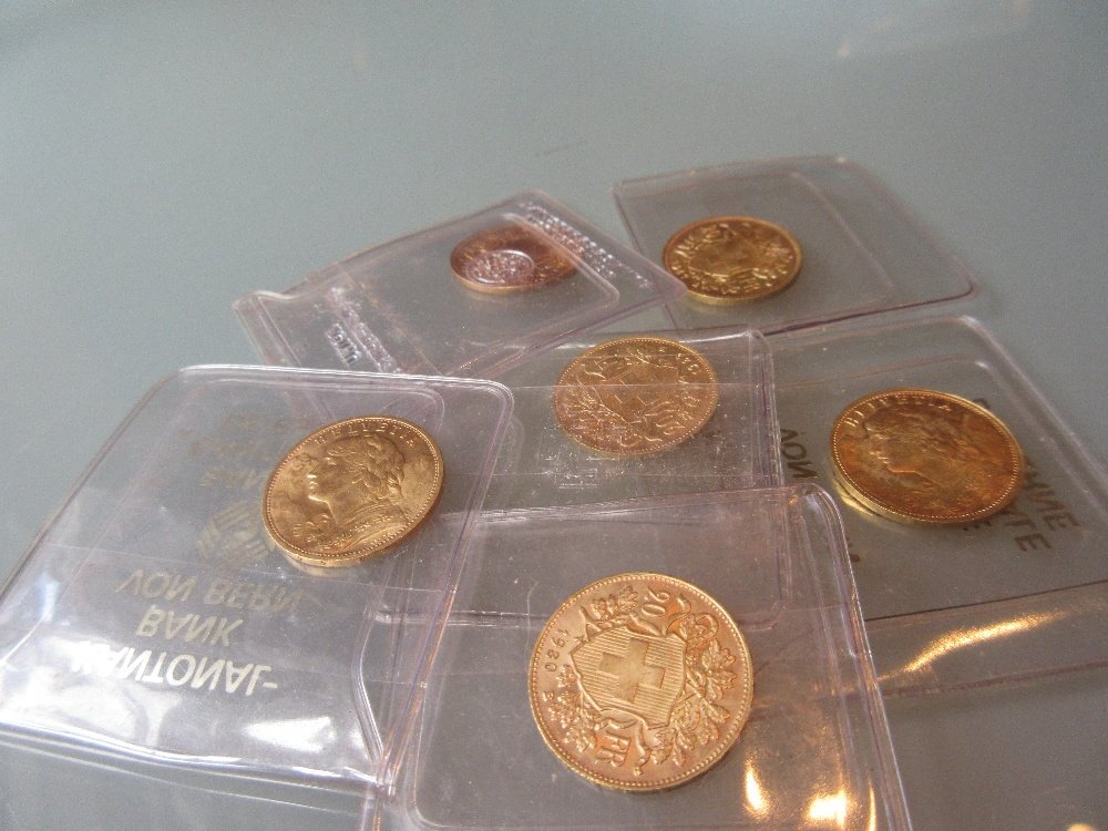 Six various Swiss twenty franc gold coins (Vreneli) (1 of 1)