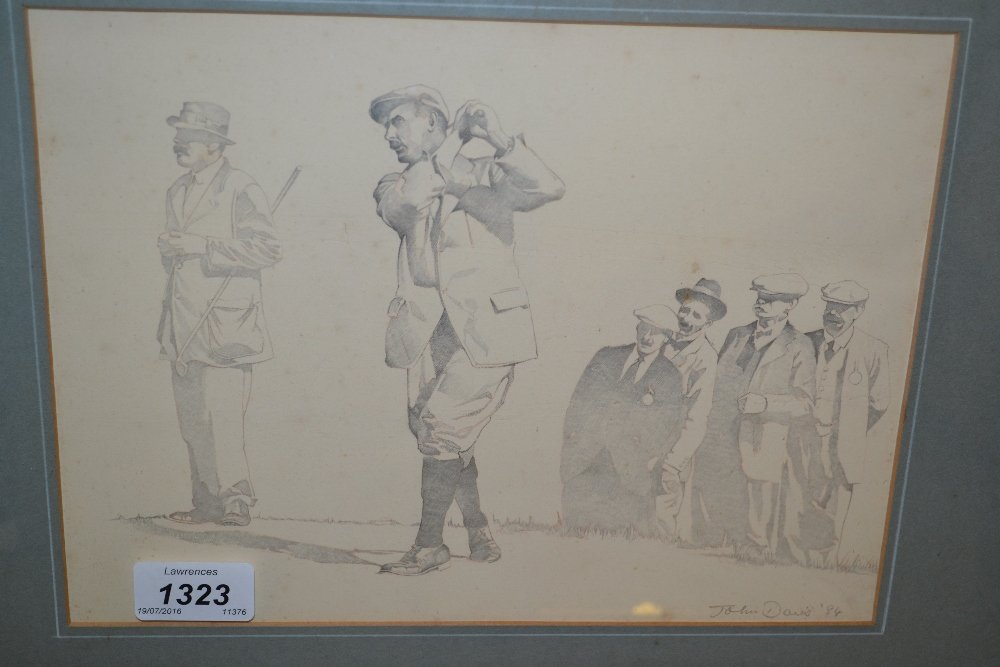 John Davis, signed pencil drawing highlighted with ink,: John Davis, signed pencil drawing highlighted with ink, golfing scene, inscribed verso ' Harry Varden driving from the sixth, golf tournament, 1912 ', 8ins x 10ins