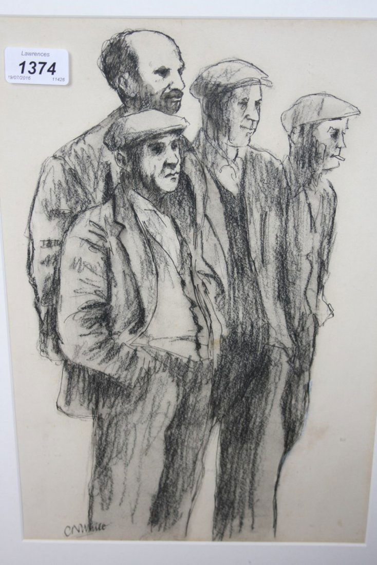 C.N. White, charcoal study of four men in peaked caps, (1 of 1)