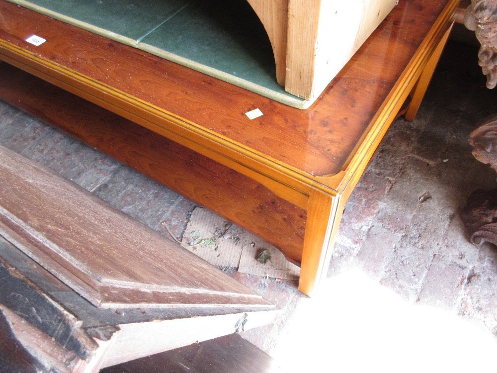 Bevan Funnell rectangular yew wood coffee table with: Bevan Funnell rectangular yew wood coffee table with undertier, raised on square chamfered supports