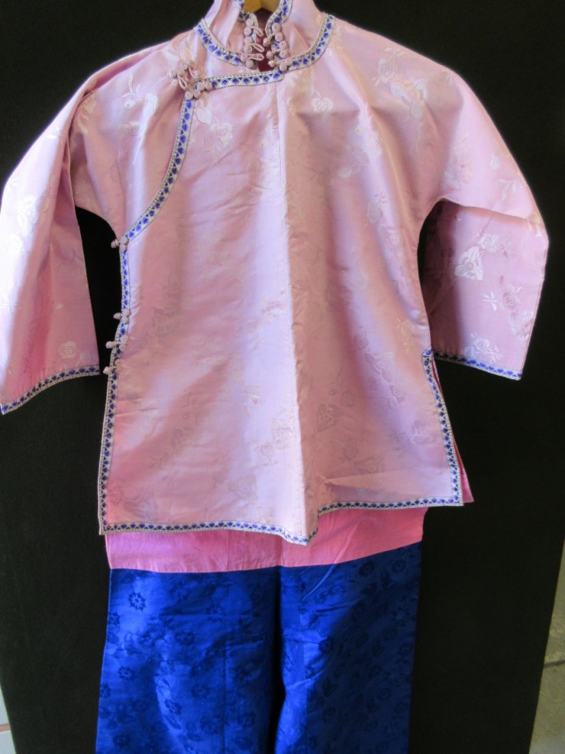 Early 20th Century Chinese blue and pink silk: Early 20th Century Chinese blue and pink silk embroidered outfit including headdress, shoes and white linen boots