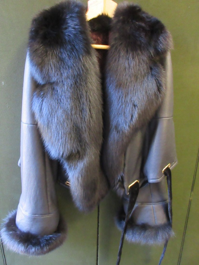 Ladies black leather fur trimmed jacket by Gianfranco (1 of 1)