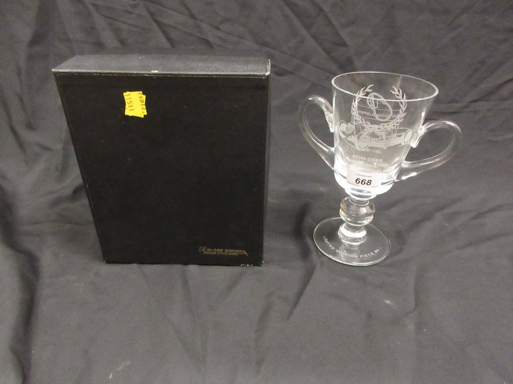 Limited Edition one of one glass trophy cup for: Limited Edition one of one glass trophy cup for Wakefield Motor Oils, the John Cobb-Napier-Railton lap record holder, in fitted box