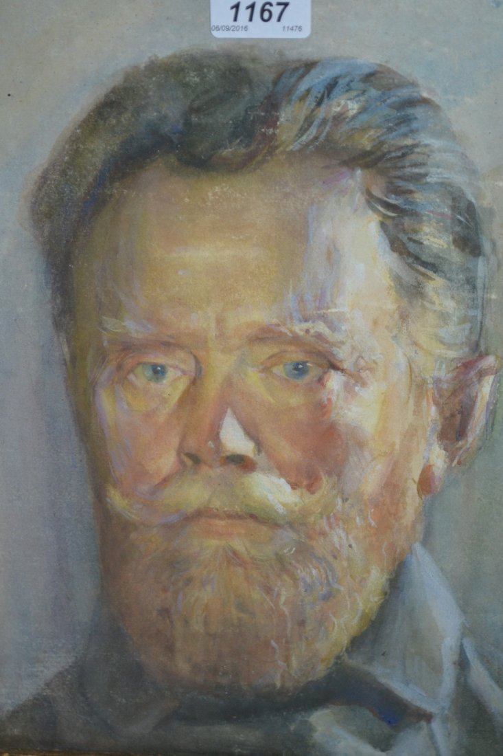 Two early 20th Century watercolour head and shoulder: Two early 20th Century watercolour head and shoulder portraits of Major Zebre, signed, Kovacs Agoston and G. Hodi and another smaller unsigned oil on card, portrait of Major Zebre (a/f)