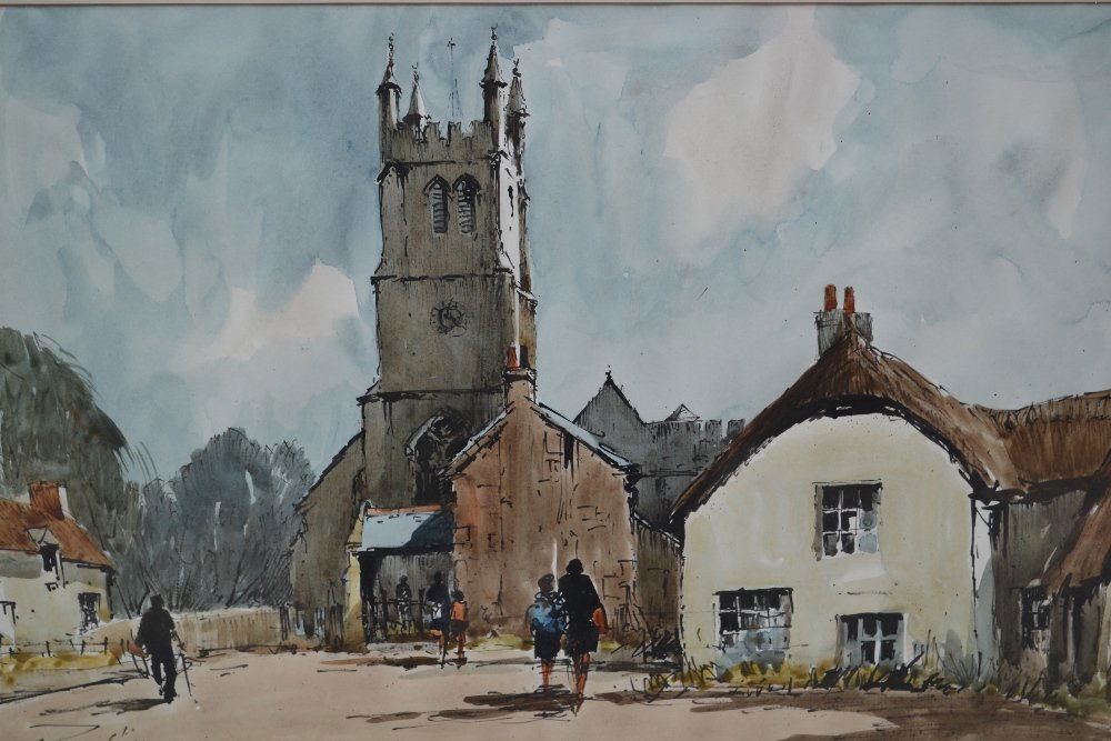 Edward Wesson, watercolour, street scene at Drews: Edward Wesson, watercolour, street scene at Drews Teignton, Devon, signed, 12ins x 19ins, signed, framed
