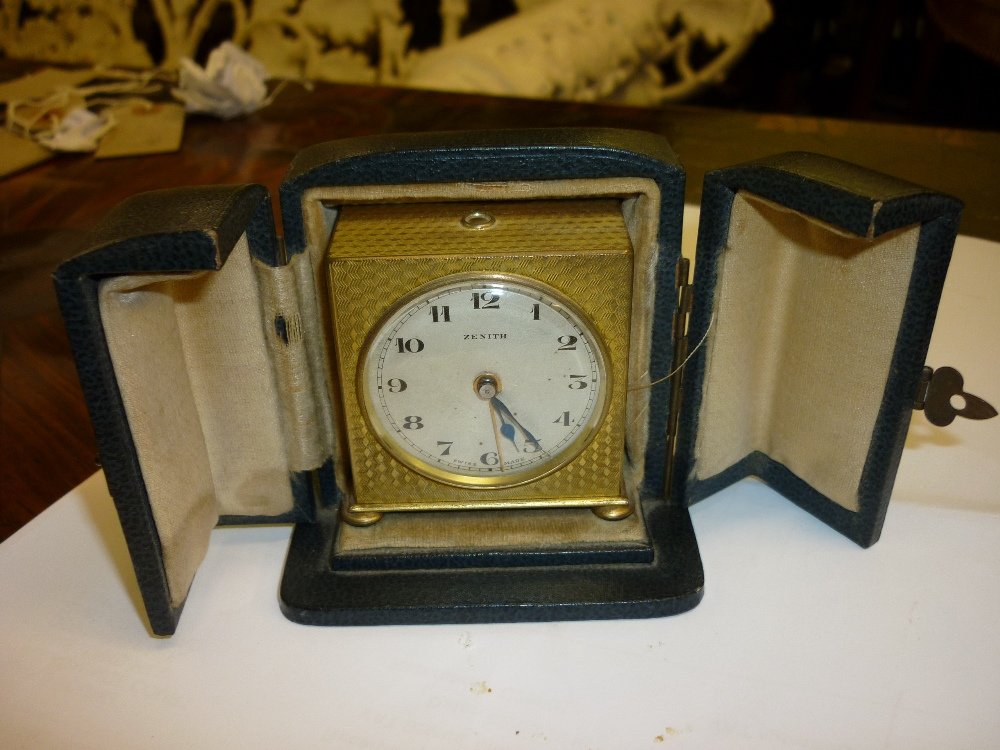 Zenith gilt metal travel clock in a leather fitted case (1 of 1)