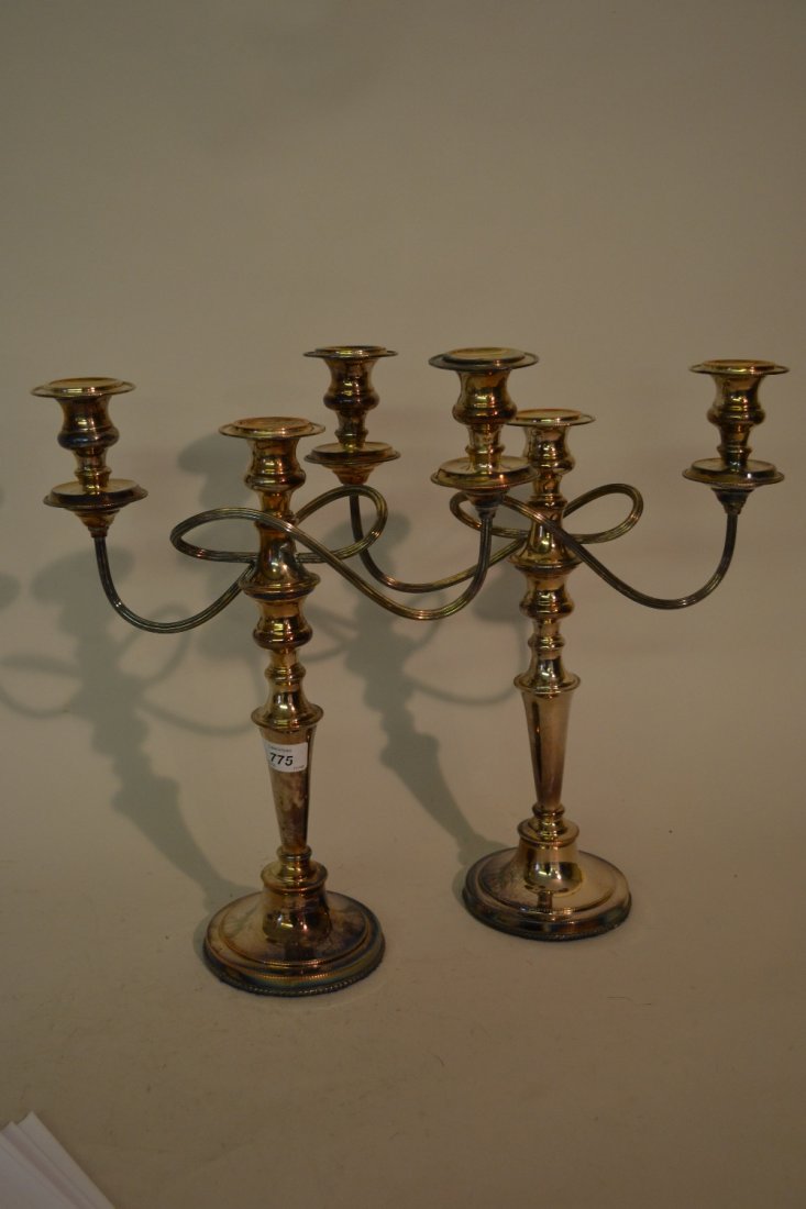 Pair of silver plated on copper three branch candelabra: Pair of silver plated on copper three branch candelabra