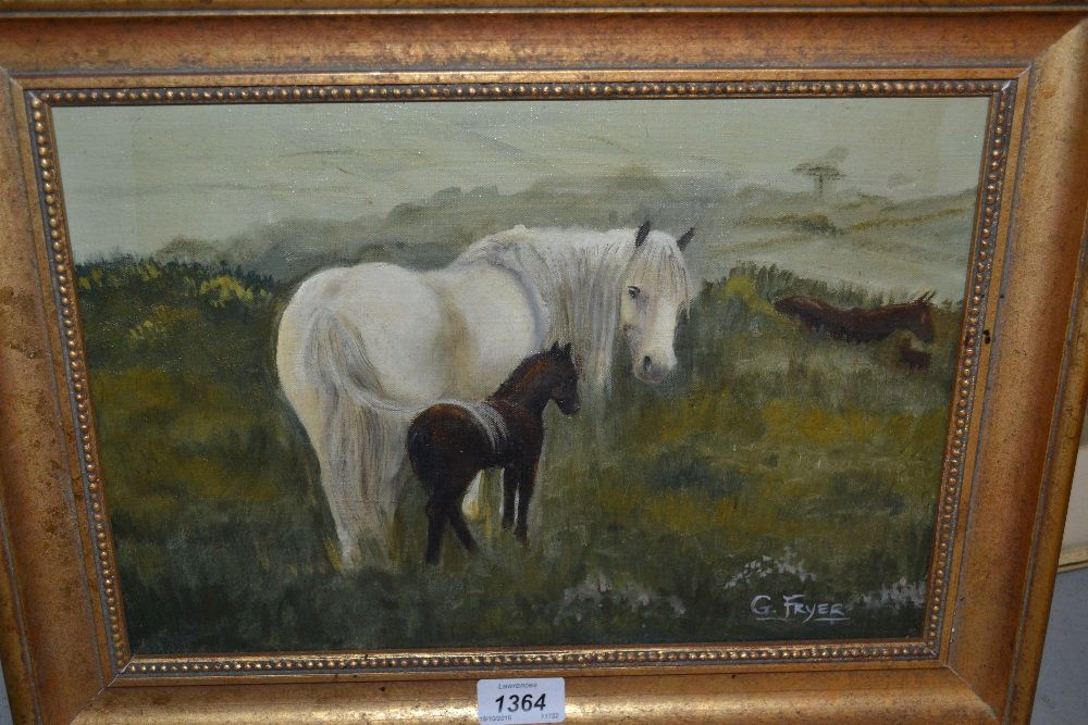 G. Fryer, oil on canvas, view of a Dartmoor mare and: G. Fryer, oil on canvas, view of a Dartmoor mare and her foal