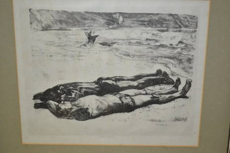 John Copley, etching of sunbathers on a beach, signed: John Copley, etching of sunbathers on a beach, signed in pencil