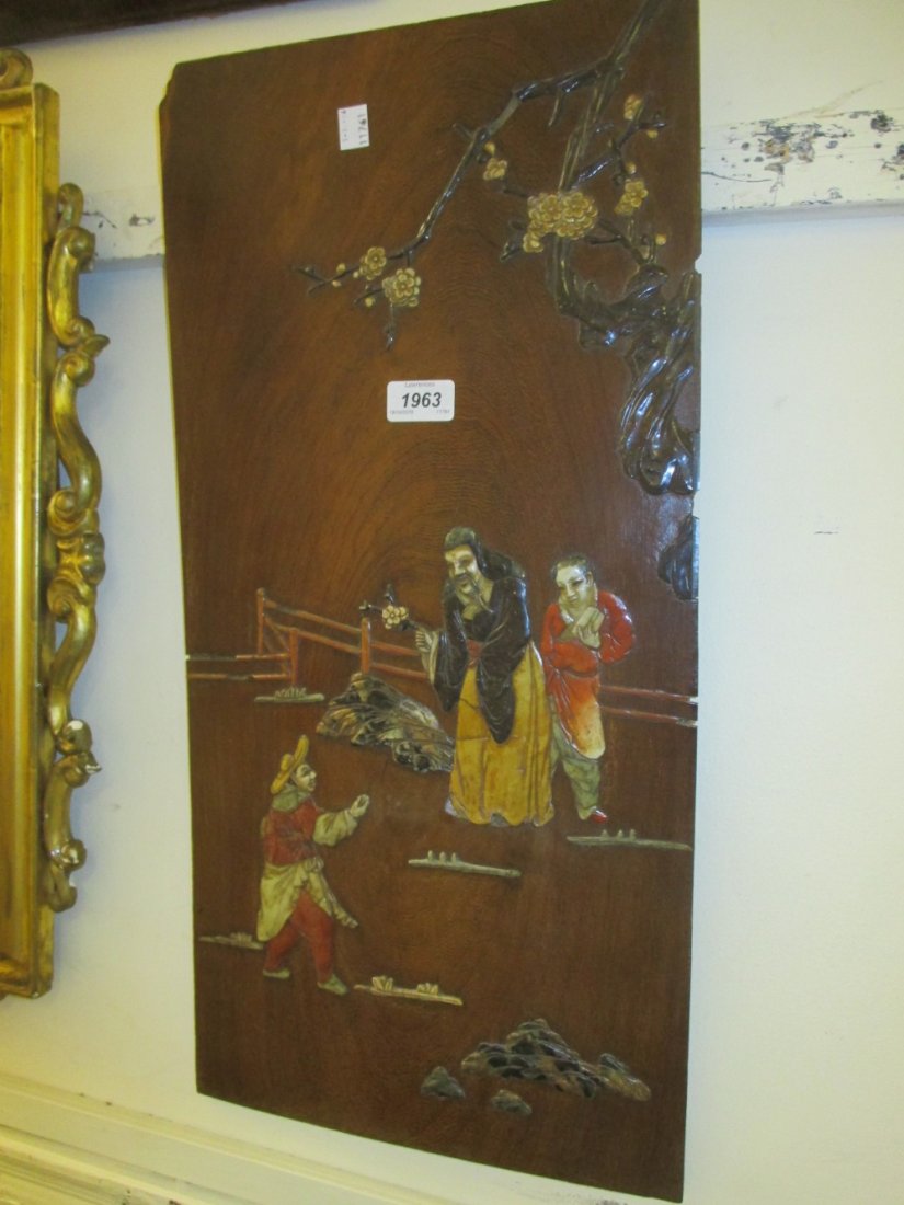 Pair of oriental hardstone inlaid exotic hardwood wall (1 of 2)