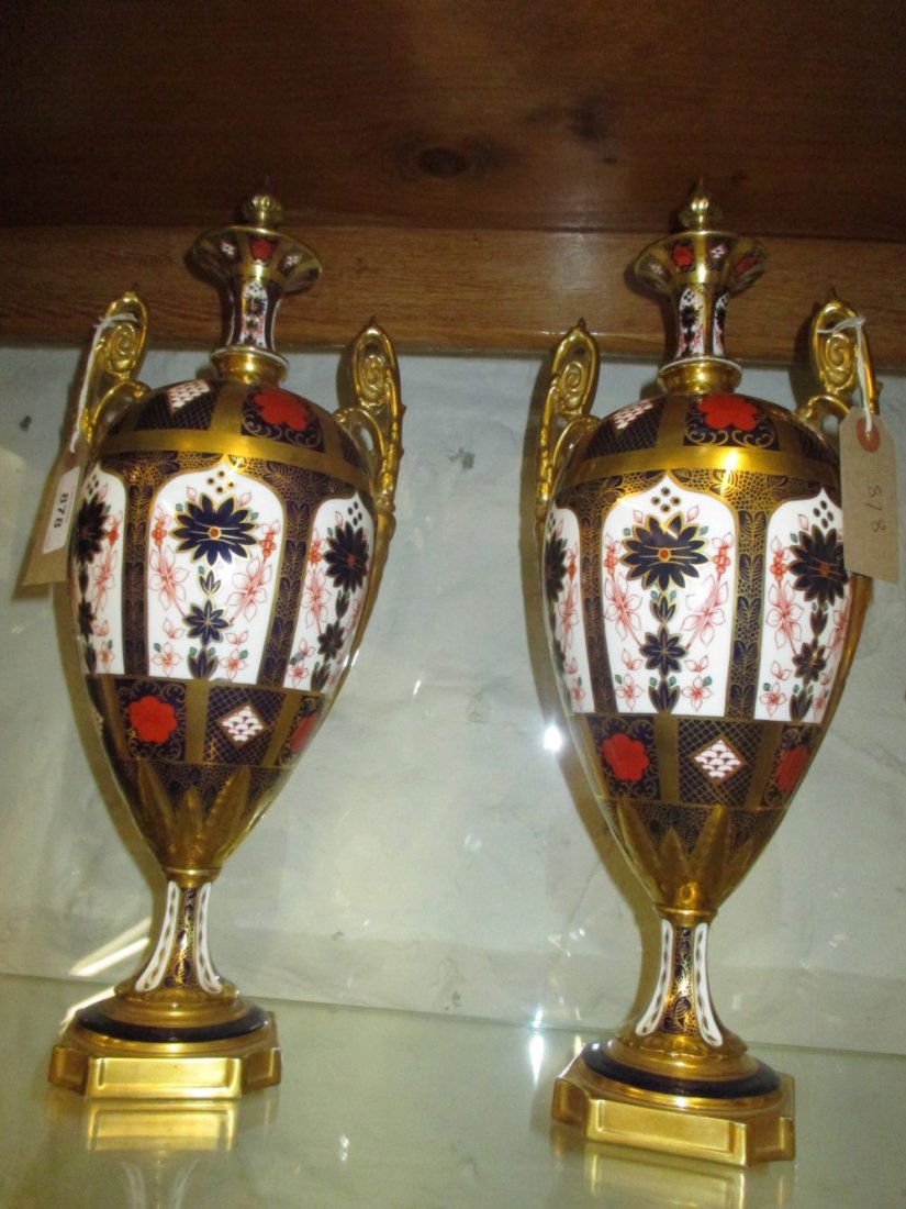 Pair of Royal Crown Derby two handled pedestal baluster (1 of 4)