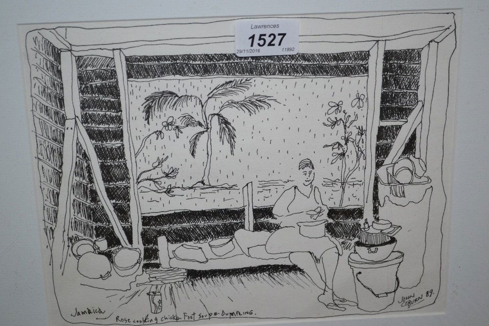 John Coburn, ink cartoon entitled ' Jamaica Rose: John Coburn, ink cartoon entitled ' Jamaica Rose Cooking Chicken Foot Soup and Dumplings ', dated '89, 8ins x 9ins, together with two 20th Century oils on canvas, signed J.E Rees