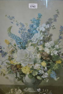 Vernon Ward print, vase of flowers on a fireplace: Vernon Ward print, vase of flowers on a fireplace together with a mid 20th Century watercolour, cottage on a lane, indistinctly signed