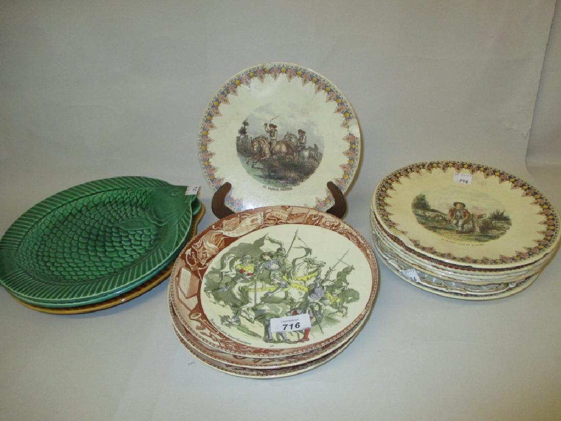 Set of four Sarreguemines plates decorated with French: Set of four Sarreguemines plates decorated with French Medieval scenes, together with collection of twelve various other Sarreguemines pottery plates