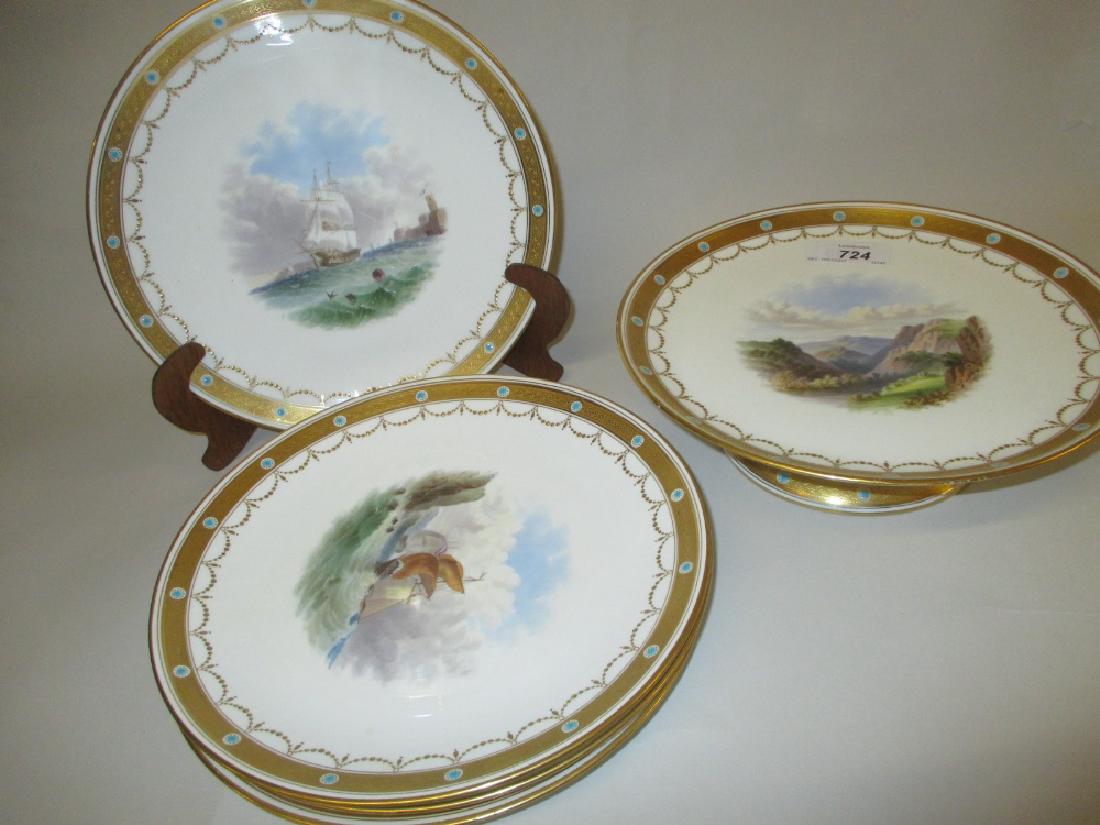 Late 19th Century Minton part dessert service painted: Late 19th Century Minton part dessert service painted with vignettes of landscapes, coastal and lake scenes within a turquoise and gilt border comprising: tazza and four plates