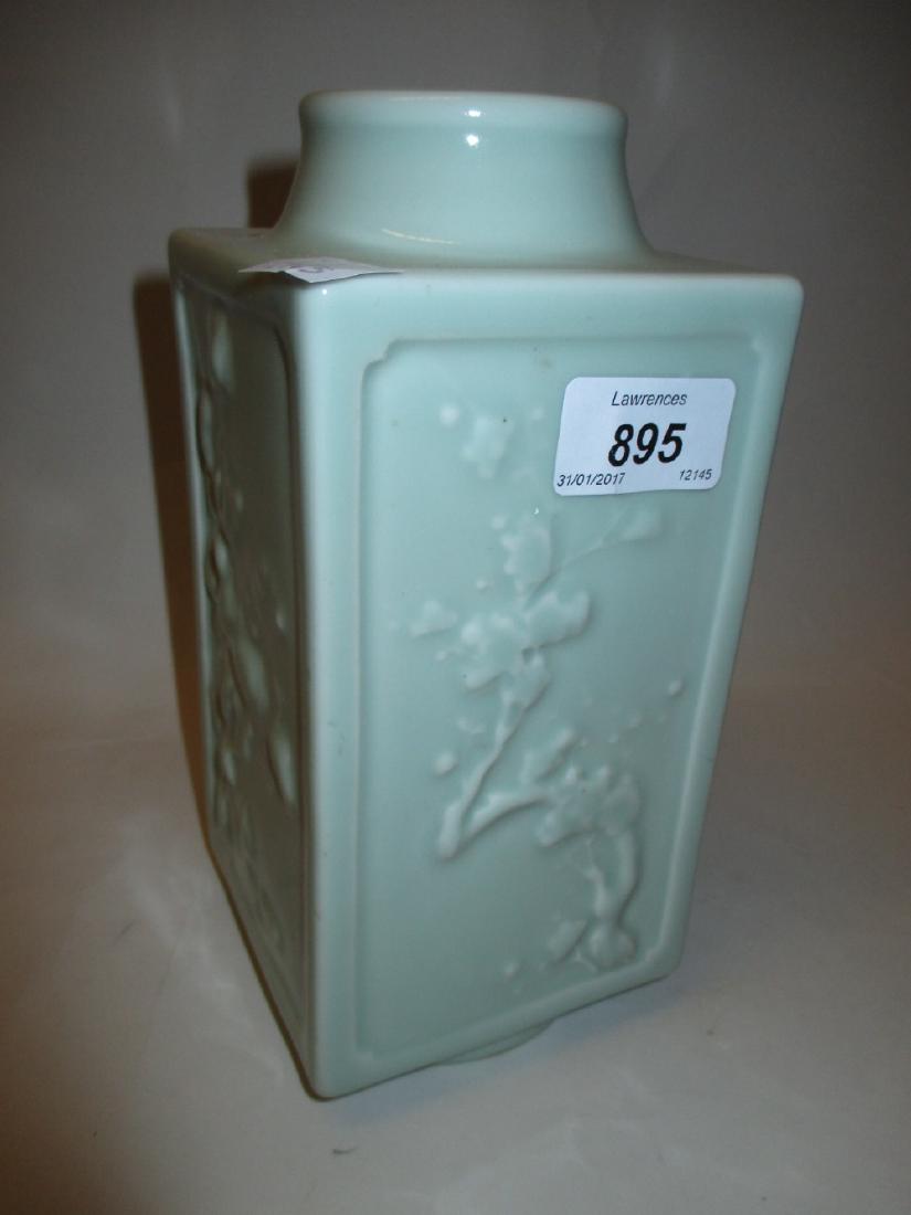 Chinese Celadon vase of square form with relief floral (1 of 1)