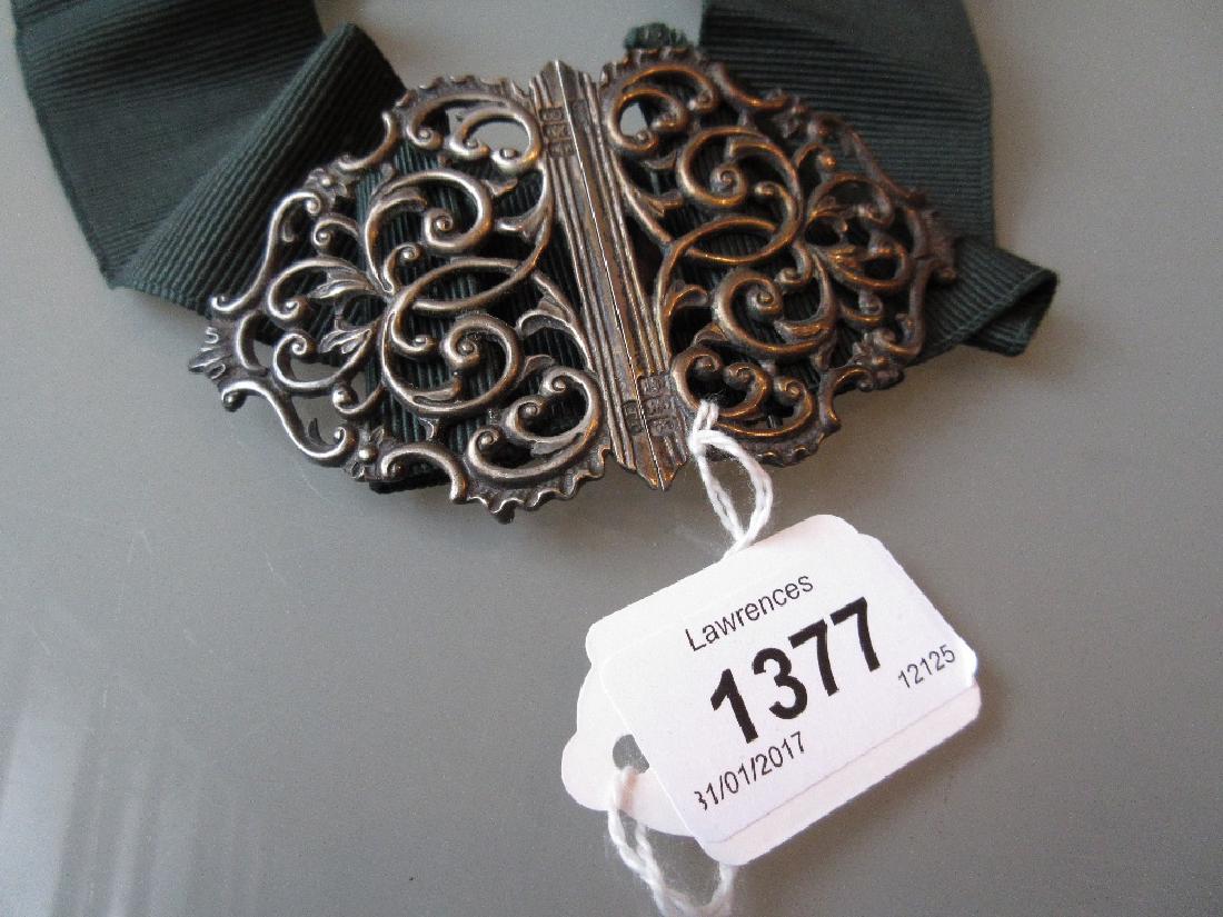 Glasgow silver nurses buckle on green belt, dated 1901,: Glasgow silver nurses buckle on green belt, dated 1901, makers mark John Alexander Fettes