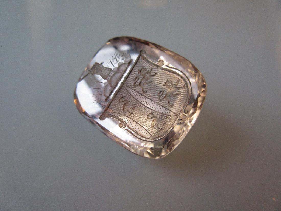 Large facet cut citrine with carved intaglio coat of: Large facet cut citrine with carved intaglio coat of arms