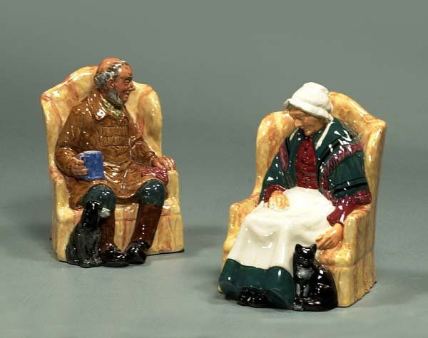 Whimsical pair of Royal Doulton figures depicting e: Whimsical pair of Royal Doulton figures depicting elderly couple in their easy chairs, "Uncle Ned" and "Forty Winks," 7" high