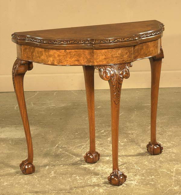 Chippendale walnut lift top game table on cabriole: Chippendale walnut lift top game table on cabriole legs with ball and claw feet, c.1900, 34" wide, 18" deep, 30" high