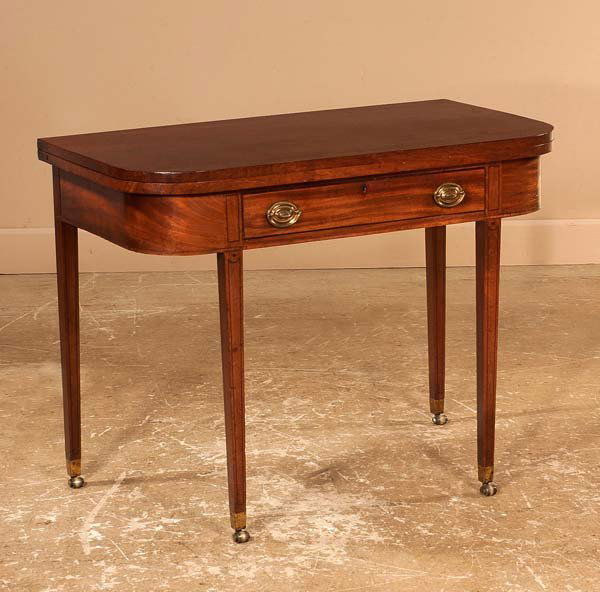 Inlaid Sheraton mahogany lift top game table on sq: Inlaid Sheraton mahogany lift top game table on square tapered legs, c.1830, 37" wide, 21" deep, 29" high
