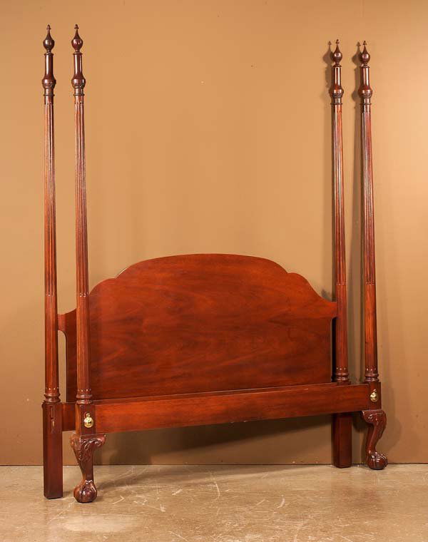 Chippendale style mahogany four poster bed by "Bak: Chippendale style mahogany four poster bed by "Baker" with front cabriole legs and ball and claw feet, 64" wide, 85" long, 86" high