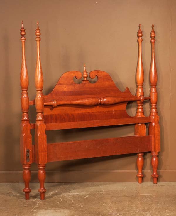 American Sheraton style cherry four poster bed wit: American Sheraton style cherry four poster bed with urn shaped finials, 57" wide, 82" deep, 69" high