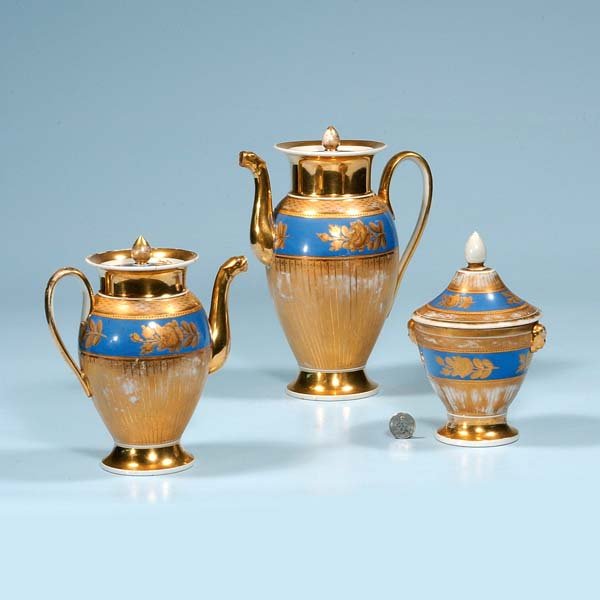 Old Paris porcelain tea pot, a coffee pot and a co: Old Paris porcelain tea pot, a coffee pot and a covered sugar bowl, As Found, three pieces